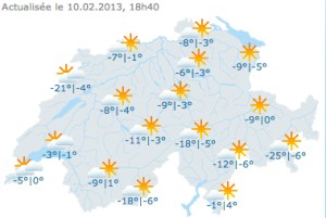 Frío invernal el 10 de febrero en Suiza. Mapa de MeteoSuisse.