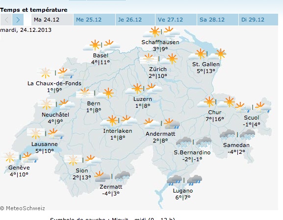 Mapa de pronóstico del clima para la semana de Navidad - Cortesía de MeteoSwiss