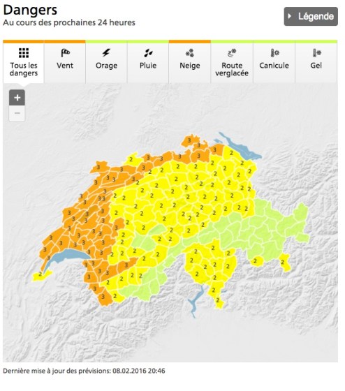 Advertencia de peligro por vientos - Mapa, MeteoSuisse.